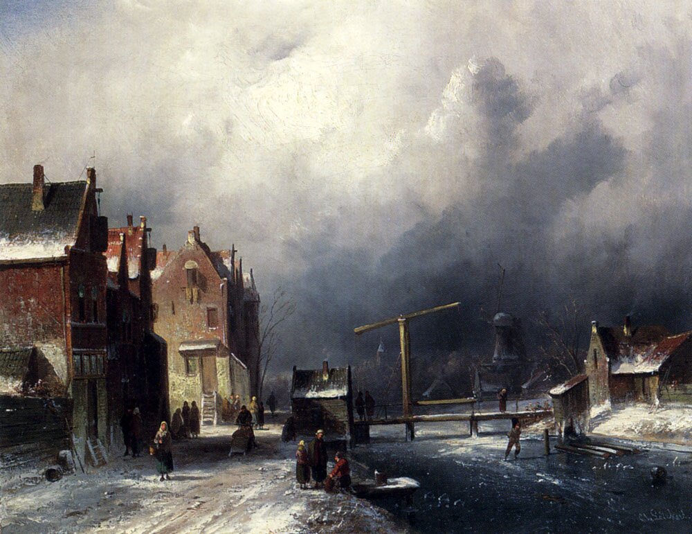 Leickert_Charles_Henri_Joseph_Figures_In_A_Dutch_Town_By_A_Frozen_Canal