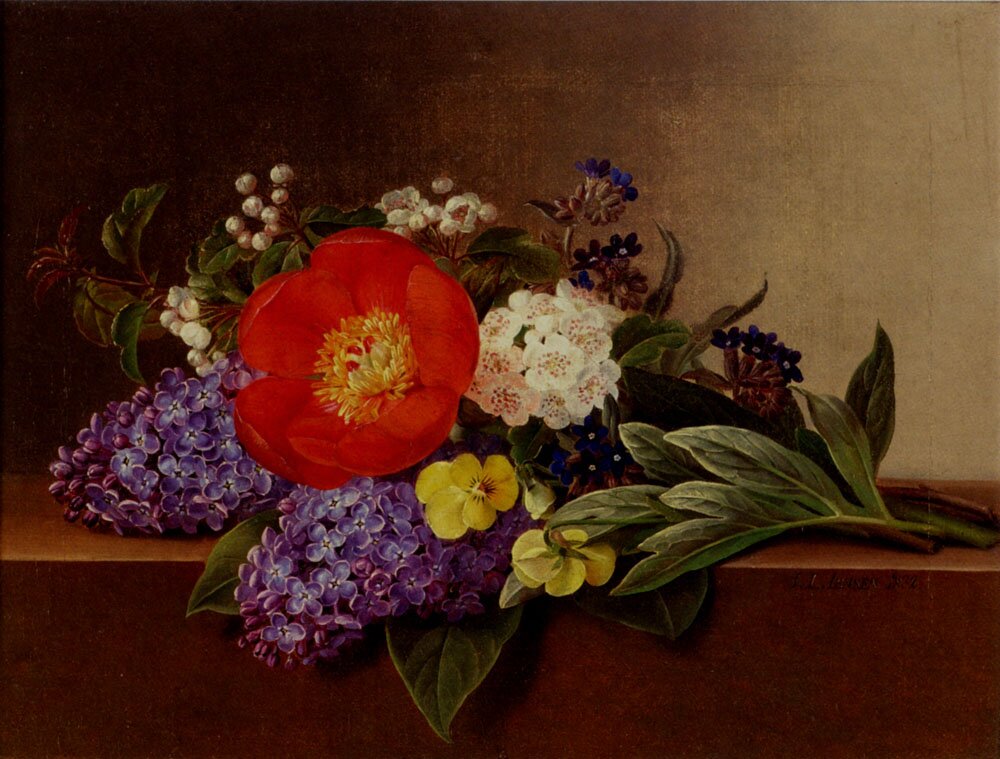 Jensen_Johan_Laurentz_Lilacs_Violets_Pansies_Hawthorn_Cuttings_And_Peonies_On_A_Marble_Ledge